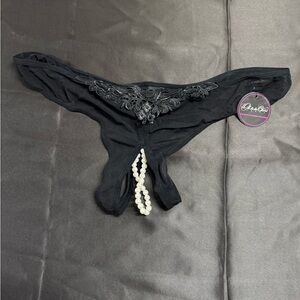Black Lace Thong with Pearl Detail